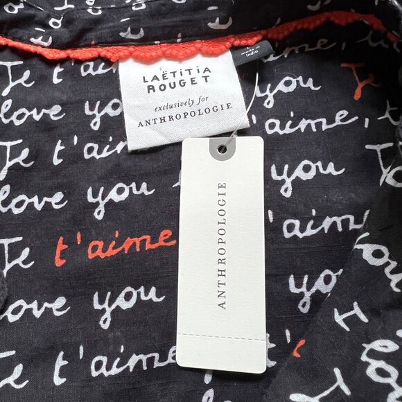 Anthropologie Laetitia Rouget Sz L Black Motif I Love You Puff Sleeve Blouse NWT - Picture 6 of 16